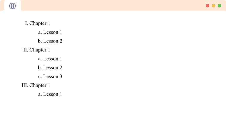 Nested HTML Ordered List HTML ordered lists nested inside another ordered list